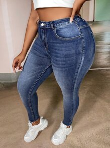 SHEIN EZwear 大碼斜口袋緊身牛仔褲 - 中等水洗藍 - 查看 7