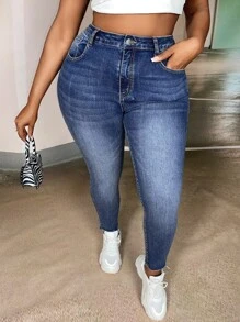 SHEIN EZwear 大碼斜口袋緊身牛仔褲 - 中等水洗藍 - 查看 8