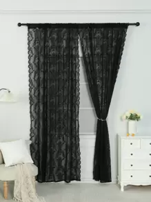 Black Lace Decor Single Panel Sheer Curtain, Polyester Light Filtering Privacy Sheer Curtain For Living Room And Bedroom - Black - View 1