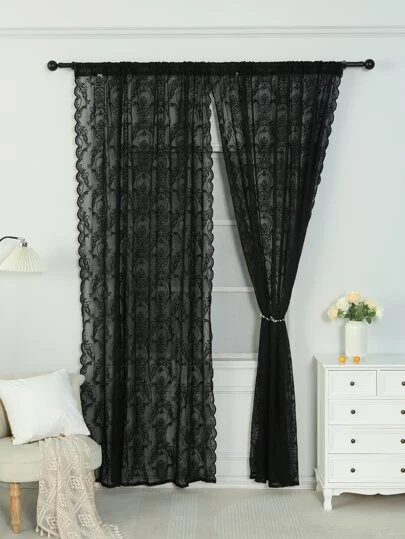 Black Lace Decor Single Panel Sheer Curtain, Polyester Light Filtering Privacy Sheer Curtain For Living Room And Bedroom