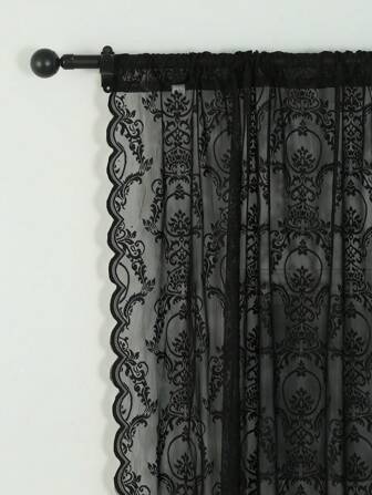 黑色蕾絲裝飾單面板透明窗簾滌綸濾光隱私透明窗簾適用於客廳和臥室