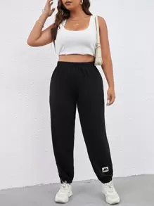 Flirla Pantalones deportivos con diseño de parche de letra - Negro - Ver 4
