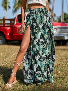 SHEIN VCAY 熱帶圖案高衩半身裙 - 彩色 - 查看 1