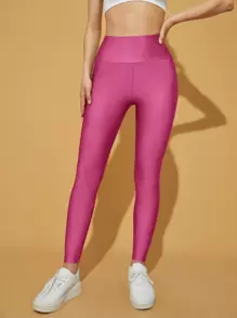 SHEIN PETITE 寬腰帶純色粉紅色緊身褲 - 玫紅色 - 查看 5