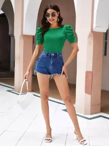 SHEIN Clasi Camiseta de manga farol tejido de canalé - Verde - Ver 3