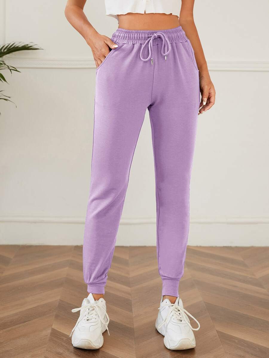 SHEIN PETITE 素色腰部抽繩斜口袋衛褲 - 紫丁香色 - 查看 1