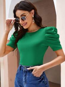 SHEIN Clasi Camiseta de manga farol tejido de canalé - Verde - Ver 5