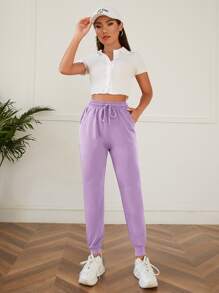 SHEIN PETITE 素色腰部抽繩斜口袋衛褲 - 紫丁香色 - 查看 3