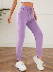 SHEIN PETITE 素色腰部抽繩斜口袋衛褲 - 紫丁香色 - 查看 4