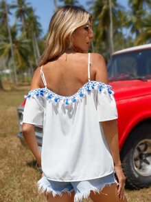 SHEIN VCAY Cold Shoulder Tassel Trim Blouse - White - View 5