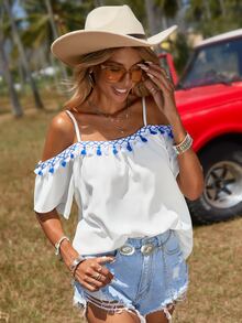 SHEIN VCAY Cold Shoulder Tassel Trim Blouse - White - View 2