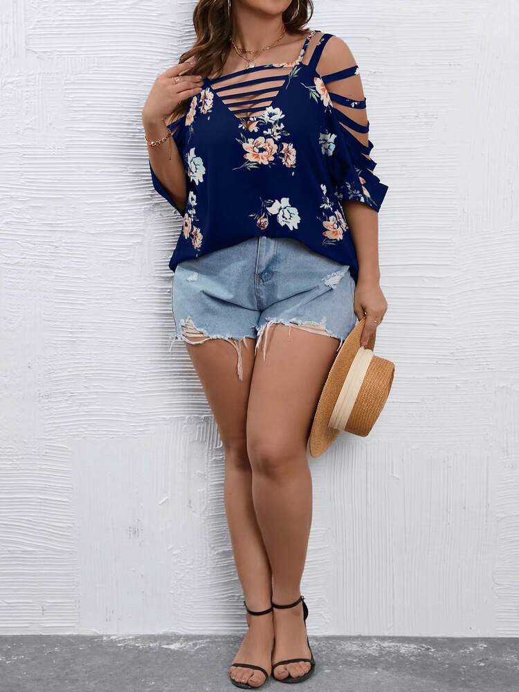 SHEIN LUNE Blusa de mujer con estampado floral, mangas tipo dolman y corte de escalera - Azul Marino - Añade 3