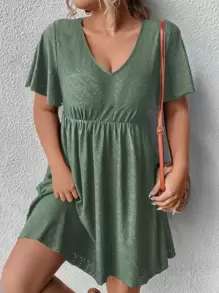 SHEIN LUNE Plus Eyelet Embroidery Butterfly Sleeve Dress - Army Green - View 1