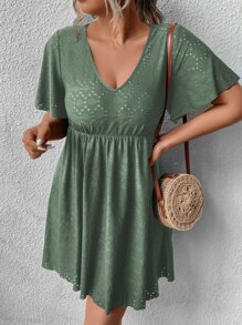 SHEIN LUNE Plus Eyelet Embroidery Butterfly Sleeve Dress - Army Green - View 3