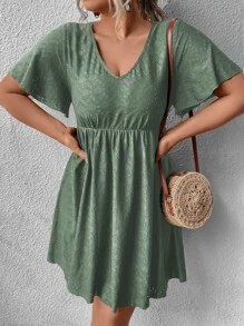 SHEIN LUNE Plus Eyelet Embroidery Butterfly Sleeve Dress - Army Green - View 4