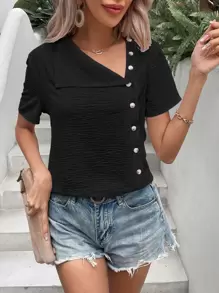 SHEIN LUNE 素色前紐扣不對稱領襯衫 - 黑色 - 查看 1