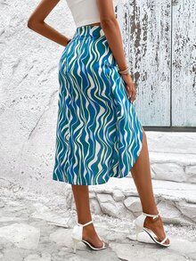 SHEIN VCAY Wave Print Knot Front Wrap Hem Skirt - Multicolor - View 3