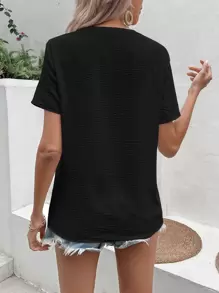 SHEIN LUNE 素色前紐扣不對稱領襯衫 - 黑色 - 查看 2