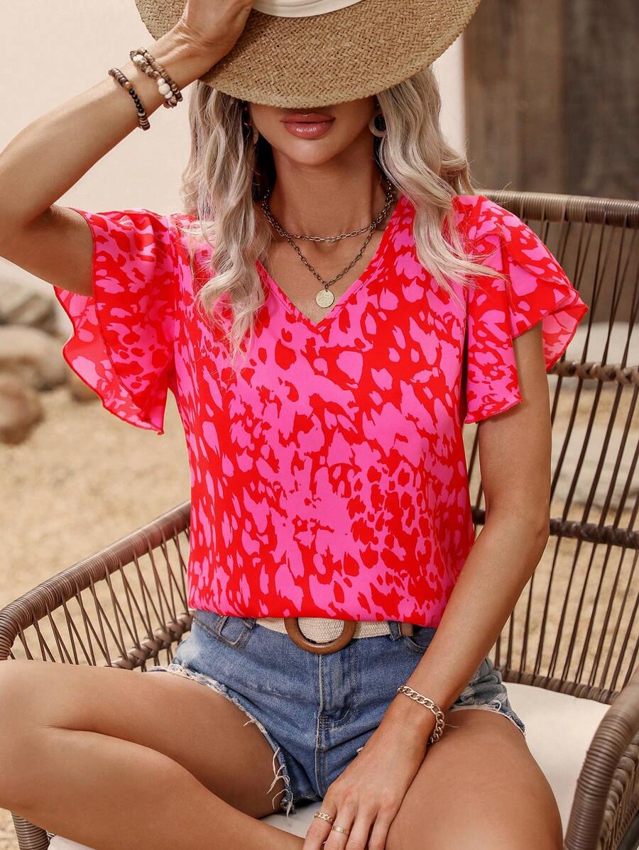 Breezaya Allover Print Petal Sleeve Blouse - Red - View 1