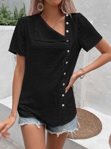 SHEIN LUNE 素色前紐扣不對稱領襯衫 - 黑色 - 查看 3