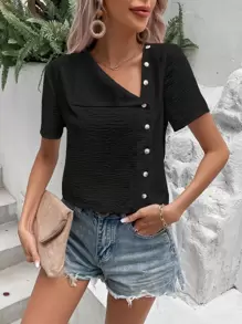 SHEIN LUNE 素色前紐扣不對稱領襯衫 - 黑色 - 查看 5