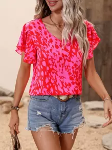 Breezaya Allover Print Petal Sleeve Blouse - Red - View 5
