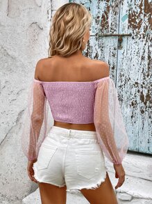 SHEIN VCAY Off Shoulder Knot Front Dobby Mesh Lantern Sleeve Crop Blouse - Dusty Pink - View 2