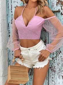 SHEIN VCAY Off Shoulder Knot Front Dobby Mesh Lantern Sleeve Crop Blouse - Dusty Pink - View 1