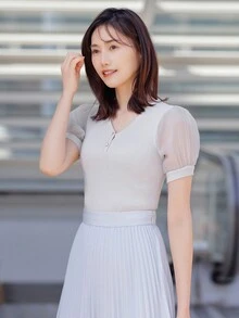 DAZY Contrast Mesh Puff Sleeve Knit Top - Light Grey - View 13