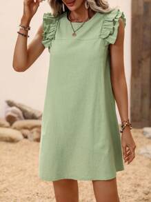 Breezaya 素色荷葉邊直筒連衣裙 - 薄荷綠 - 查看 3