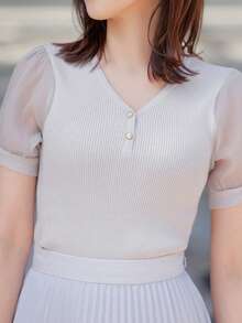 DAZY Contrast Mesh Puff Sleeve Knit Top - Light Grey - View 7