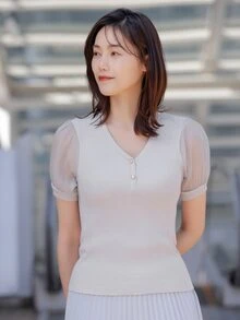 DAZY Contrast Mesh Puff Sleeve Knit Top - Light Grey - View 8