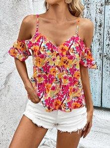SHEIN VCAY Floral Print Cold Shoulder Ruffle Trim Blouse - Multicolor - View 4