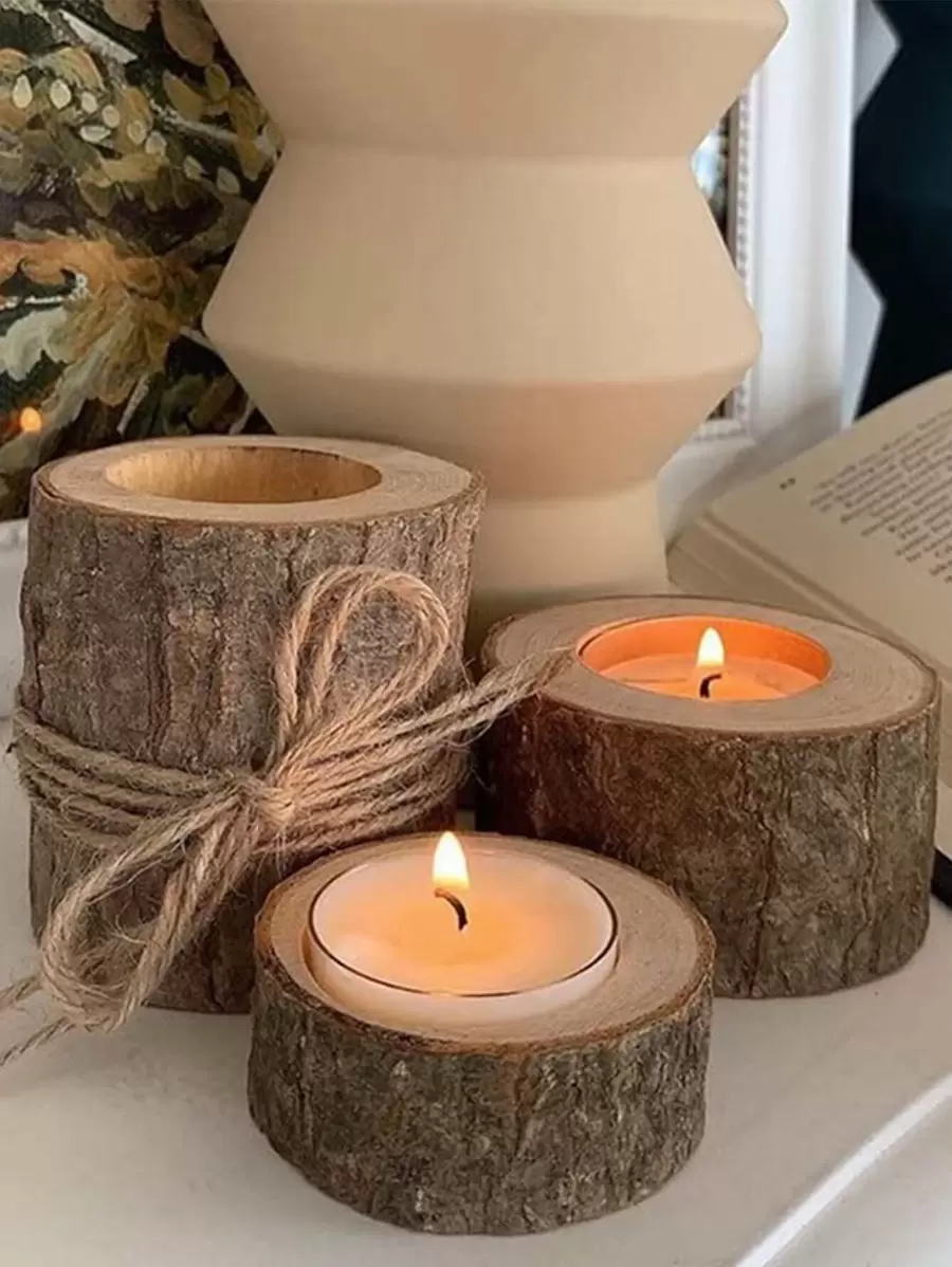1pc Wood Candle Holder, Creative Trunk Design Candle Stand For Atmosphere Creating - Brown - View 1