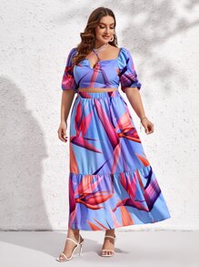 SHEIN VCAY Plus Plants Print Tie Back Crop Top & Ruffle Hem Skirt - Multicolor - View 5