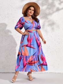 SHEIN VCAY Plus Plants Print Tie Back Crop Top & Ruffle Hem Skirt - Multicolor - View 4