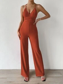 SHEIN Frenchy Solid Tie Backless Cami Jumpsuit - Redwood - View 3