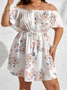 SHEIN VCAY Plus Floral Print Off Shoulder Belted Dress - Multicolor - View 3