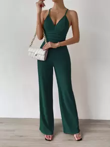 Chiquease Solid Ruched Front Cami Jumpsuit - Dark Green - View 1