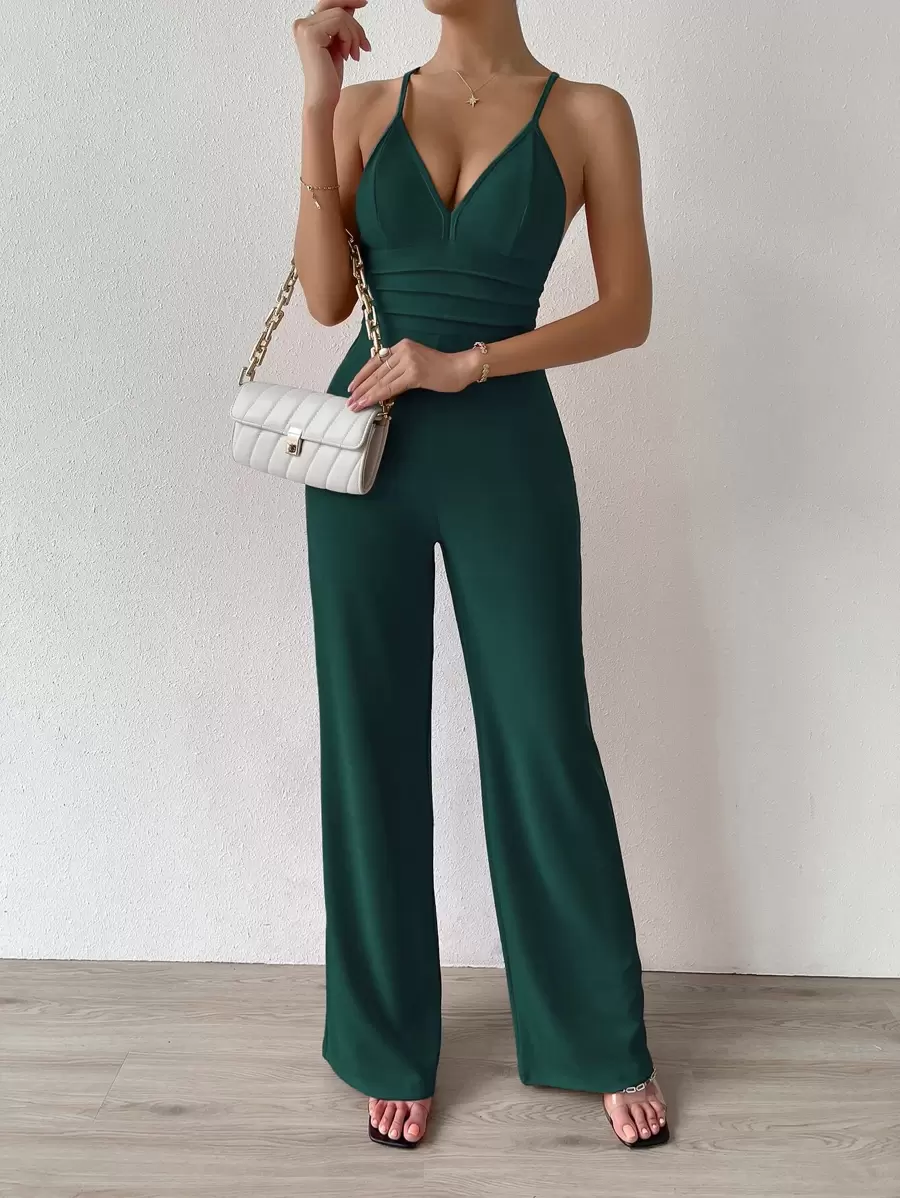 Chiquease Solid Ruched Front Cami Jumpsuit - Dark Green - View 1