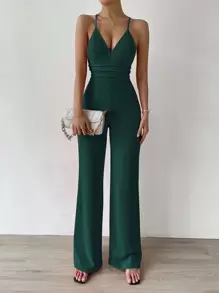 Chiquease Solid Ruched Front Cami Jumpsuit - Dark Green - View 3