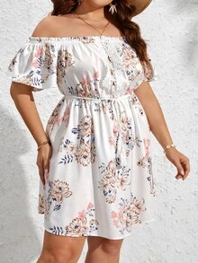 SHEIN VCAY Plus Floral Print Off Shoulder Belted Dress - Multicolor - View 5
