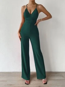 Chiquease Solid Ruched Front Cami Jumpsuit - Dark Green - View 5
