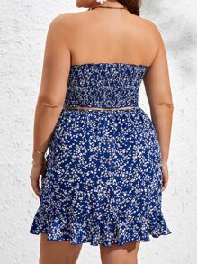 SHEIN VCAY Plus Ditsy Floral Print Knot Front Tube Top & Ruffle Trim Wrap Skirt - Blue and White - View 2