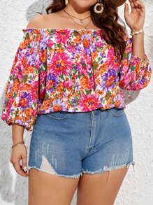 SHEIN VCAY Plus Floral Print Off Shoulder Puff Sleeve Blouse - Multicolor - View 3
