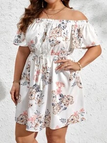 SHEIN VCAY Plus Floral Print Off Shoulder Belted Dress - Multicolor - View 6