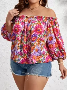 SHEIN VCAY Plus Floral Print Off Shoulder Puff Sleeve Blouse - Multicolor - View 1