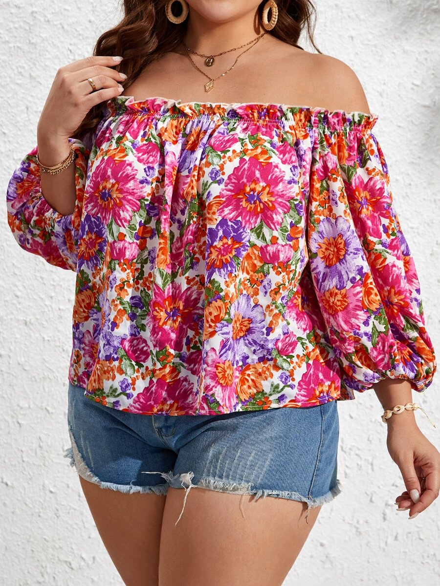 SHEIN VCAY Plus Floral Print Off Shoulder Puff Sleeve Blouse - Multicolor - View 1
