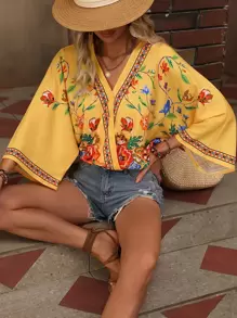 SHEIN VCAY Floral Print Batwing Sleeve Blouse - Yellow - View 1