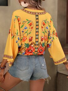SHEIN VCAY Floral Print Batwing Sleeve Blouse - Yellow - View 2